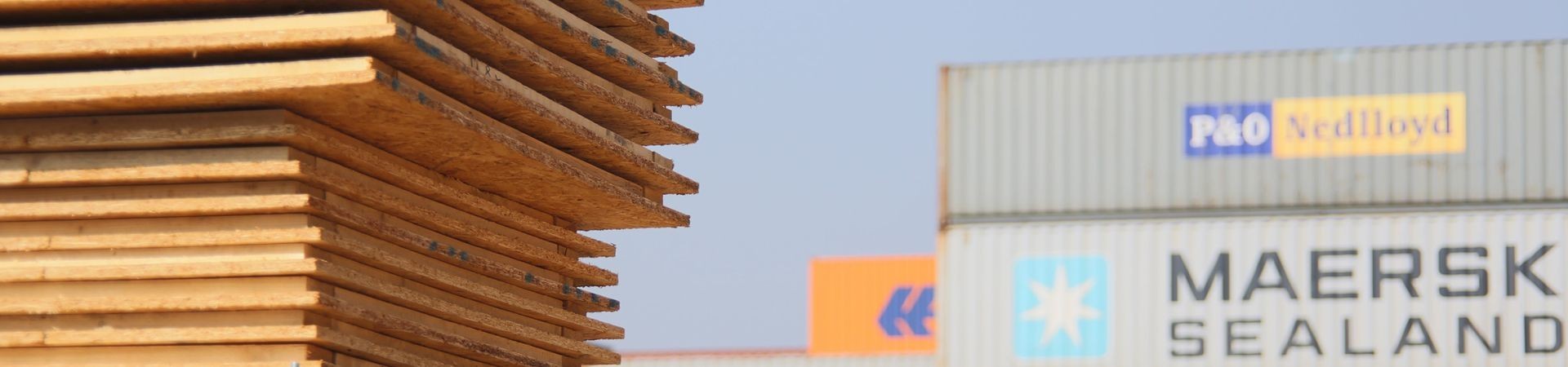 Holzstoß vor Frachtcontainern